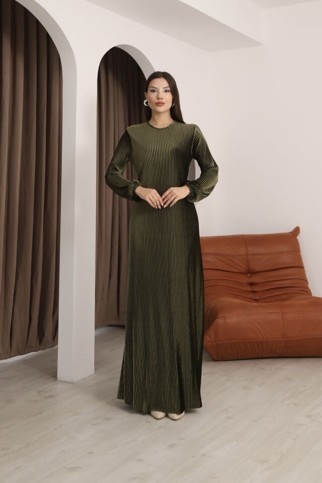 Hfalcon Haki Uzun Kollu Bisiklet Yaka Bağcık Detaylı Rahat Multi Pilise  Elbise