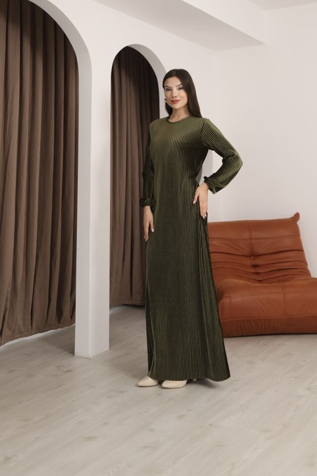 Hfalcon Haki Multi Pilise Uzun Kollu Bisiklet Yaka Bağcık Detaylı Rahat Elbise