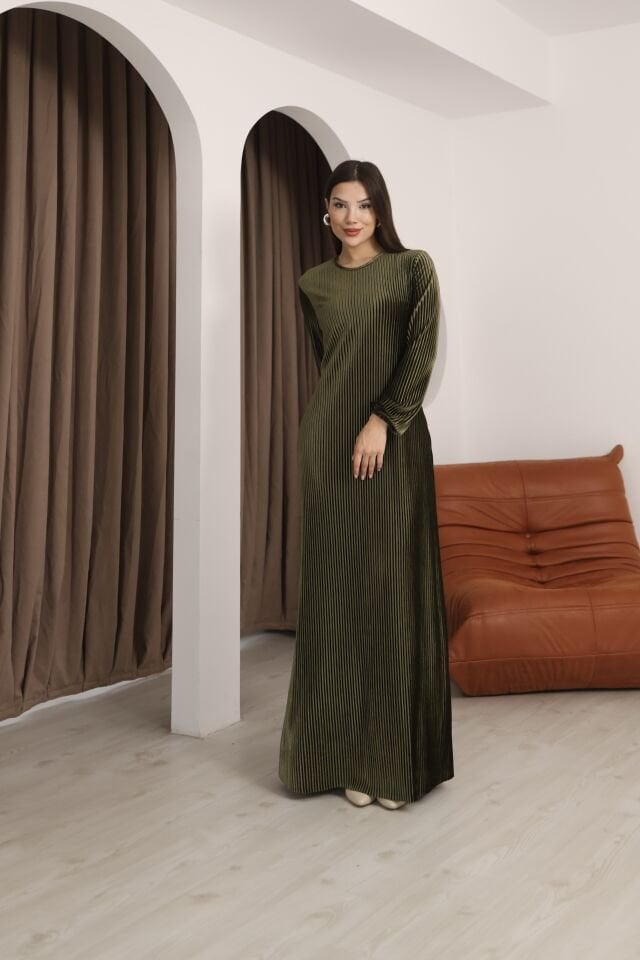 Hfalcon Haki Multi Pilise Uzun Kollu Bisiklet Yaka Bağcık Detaylı Rahat Elbise