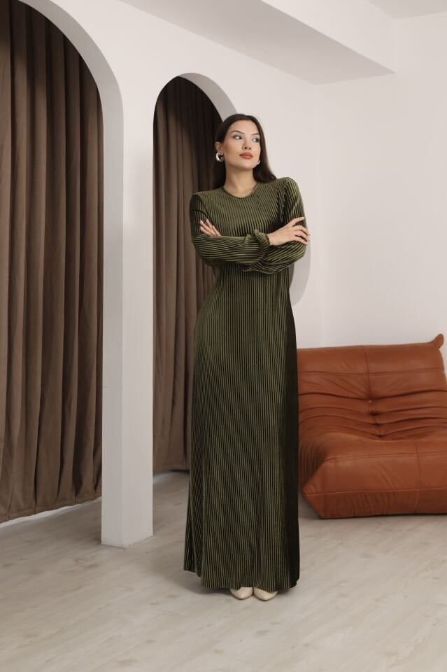 Hfalcon Haki Multi Pilise Uzun Kollu Bisiklet Yaka Bağcık Detaylı Rahat Elbise