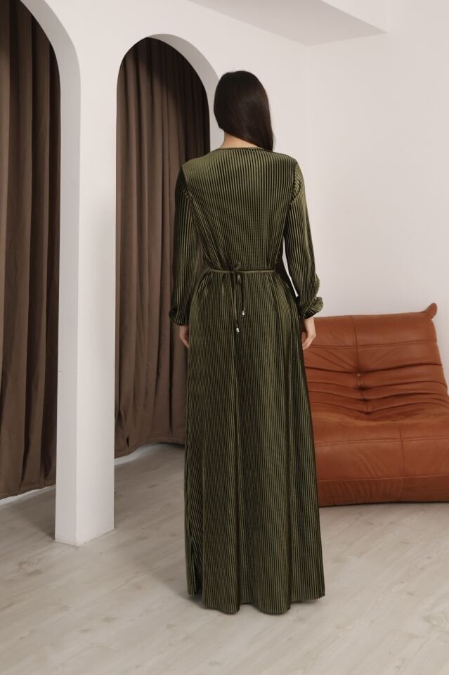 Hfalcon Haki Multi Pilise Uzun Kollu Bisiklet Yaka Bağcık Detaylı Rahat Elbise