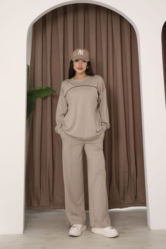 Şık Tasarım Alt Üst Ara Biyeli Bisiklet Yakalı Buluz,Cepli Nervür Dikişli Pantolon İkili Takım