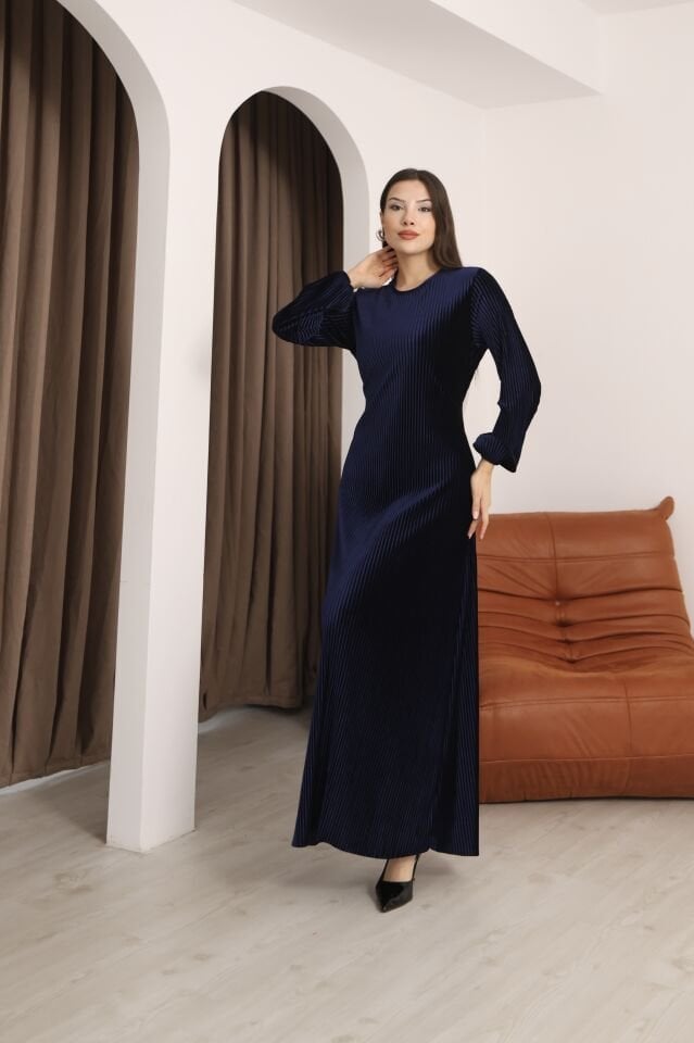 Lacivert Multi Plise Uzun Kollu Bisiklet Yaka Bağcık Detaylı Rahat Elbise