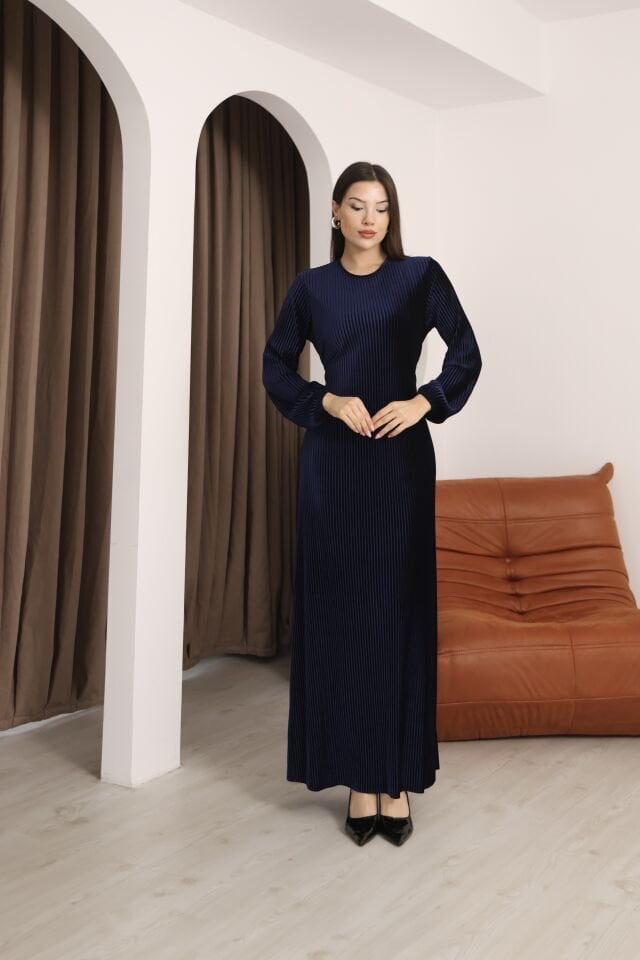 Lacivert Multi Plise Uzun Kollu Bisiklet Yaka Bağcık Detaylı Rahat Elbise