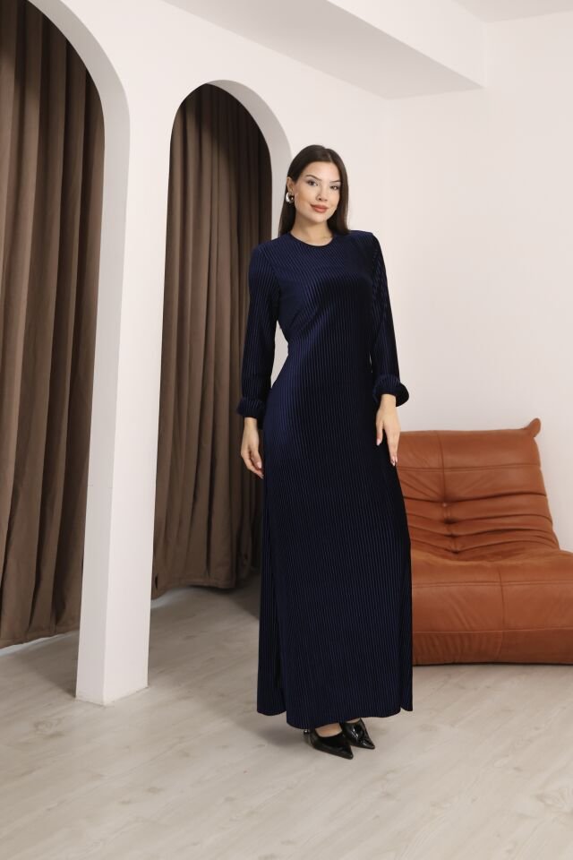 Lacivert Multi Plise Uzun Kollu Bisiklet Yaka Bağcık Detaylı Rahat Elbise