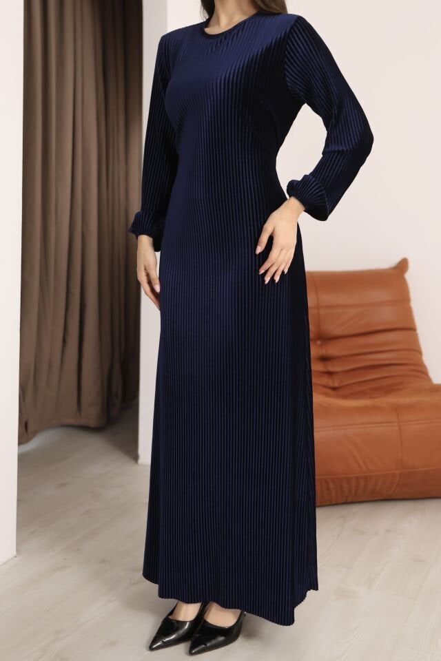 Lacivert Multi Plise Uzun Kollu Bisiklet Yaka Bağcık Detaylı Rahat Elbise