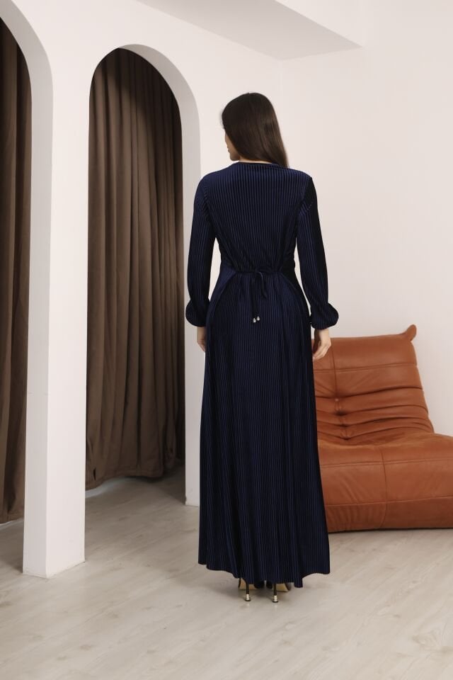 Lacivert Multi Plise Uzun Kollu Bisiklet Yaka Bağcık Detaylı Rahat Elbise