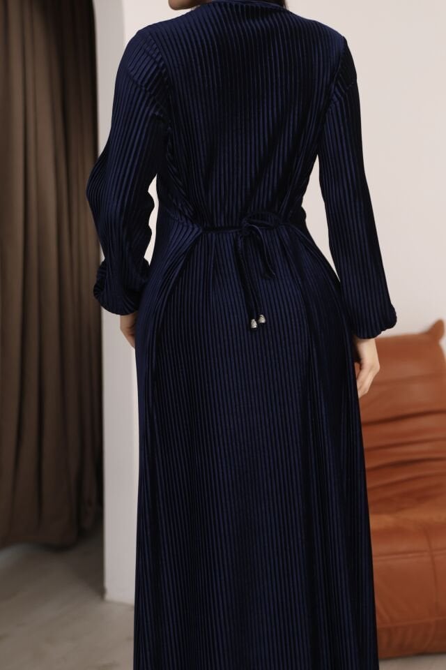 Lacivert Multi Plise Uzun Kollu Bisiklet Yaka Bağcık Detaylı Rahat Elbise