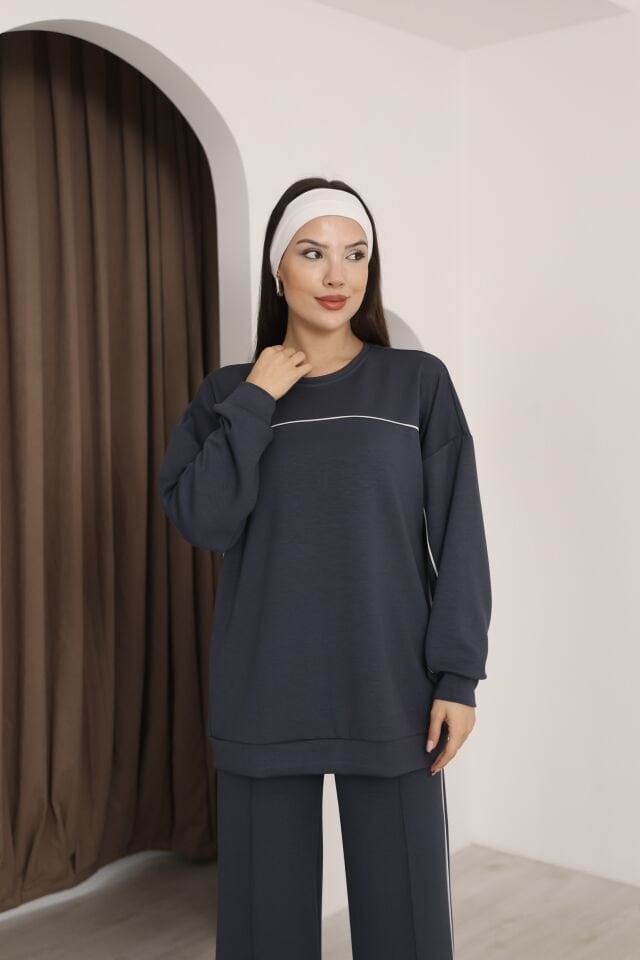 Şık Tasarım Alt Üst Ara Biyeli Bisiklet Yakalı Buluz,Cepli Nervür Dikişli Pantolon İkili Takım