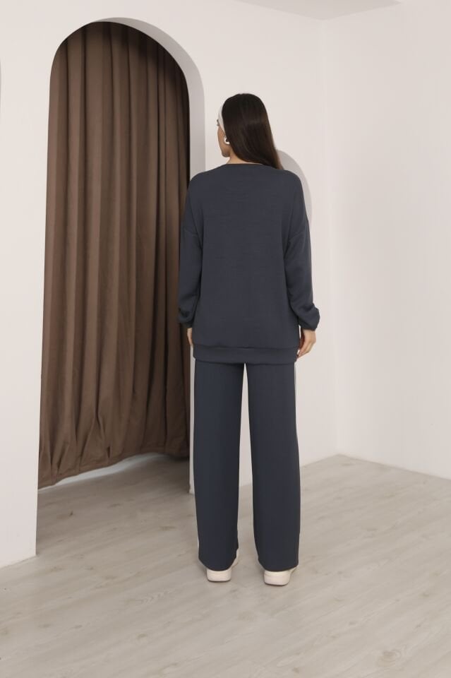 Şık Tasarım Alt Üst Ara Biyeli Bisiklet Yakalı Buluz,Cepli Nervür Dikişli Pantolon İkili Takım