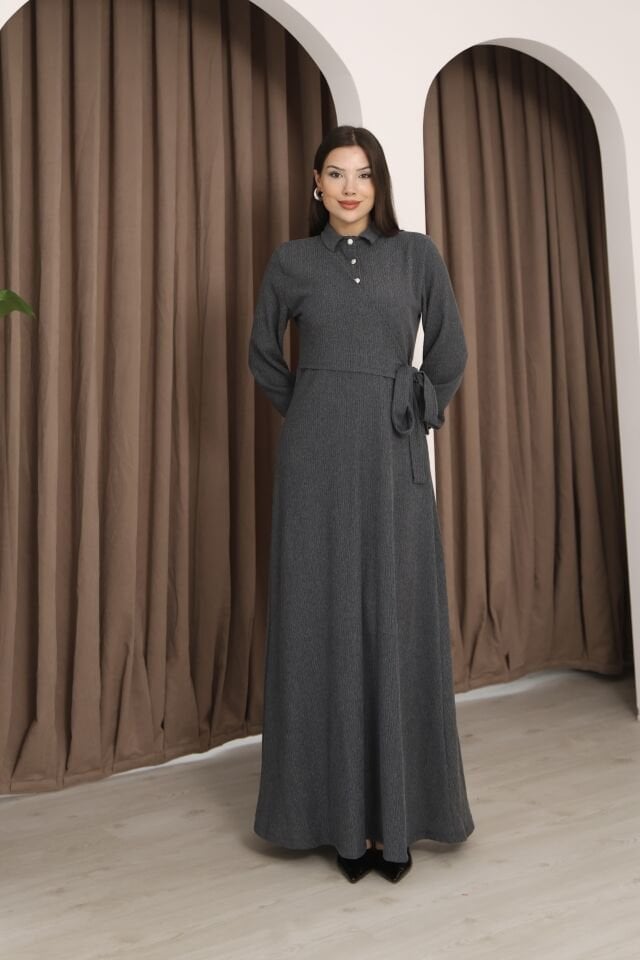 Poliviskon Önü Düğmeli Elbise Bel Bağlamalı