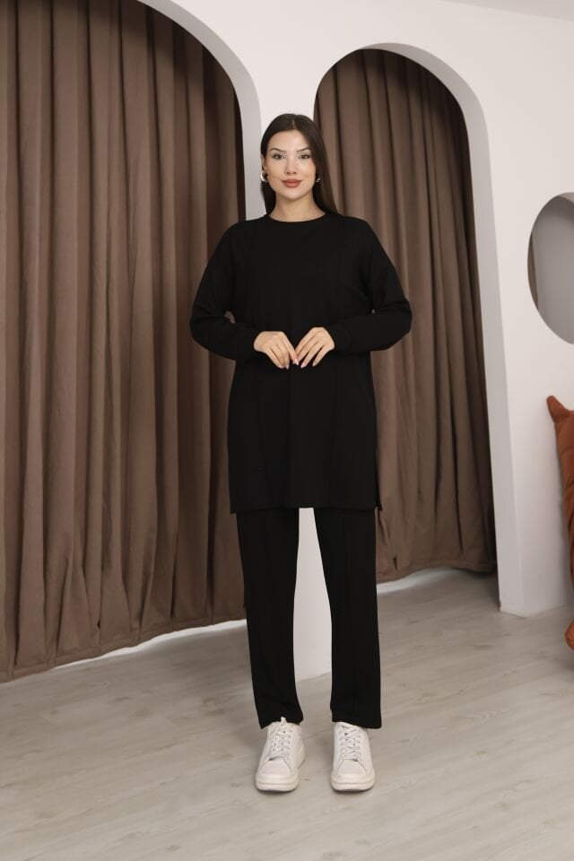 Siyah Tesettür Tunik Ve Pantolon Çima Dikişli Bayan Şık İkili Takım