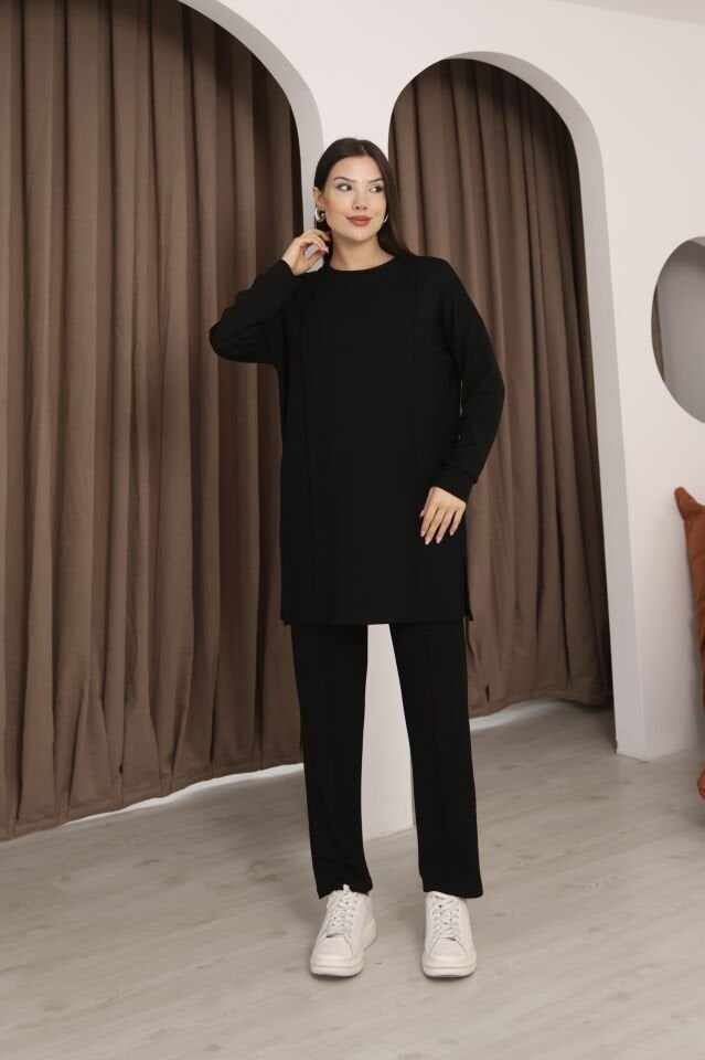 Siyah Tesettür Tunik Ve Pantolon Çima Dikişli Bayan Şık İkili Takım