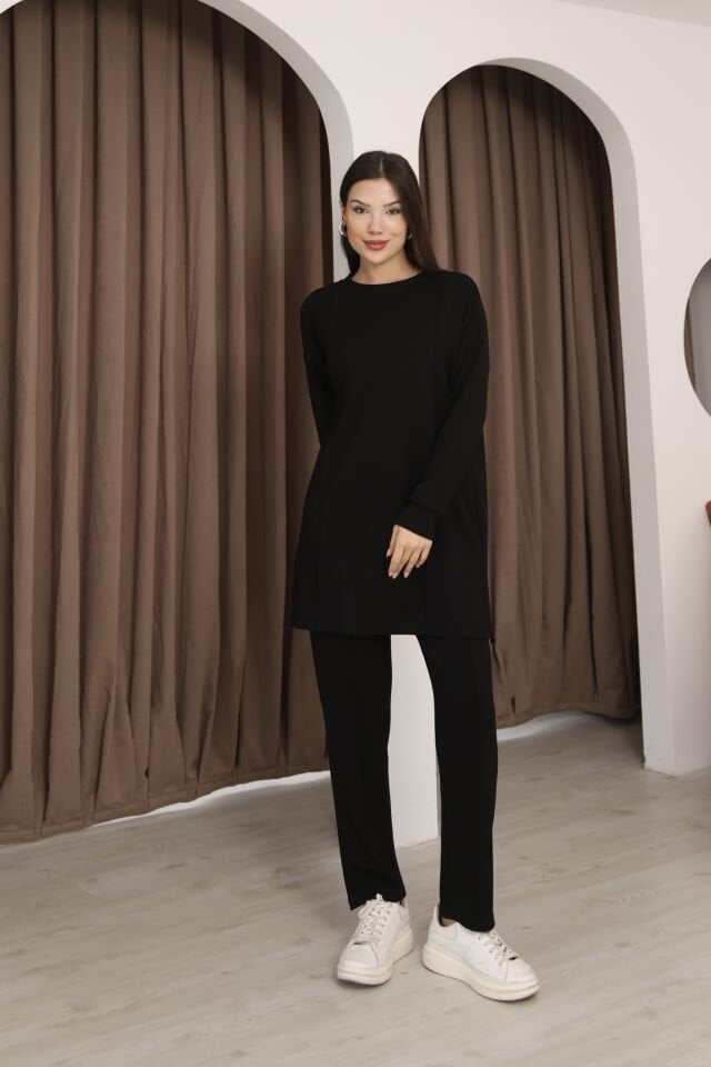 Siyah Tesettür Tunik Ve Pantolon Çima Dikişli Bayan Şık İkili Takım