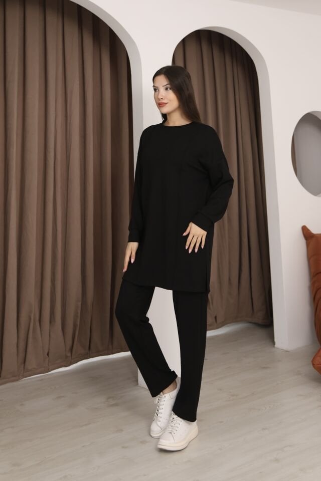 Siyah Tesettür Tunik Ve Pantolon Çima Dikişli Bayan Şık İkili Takım