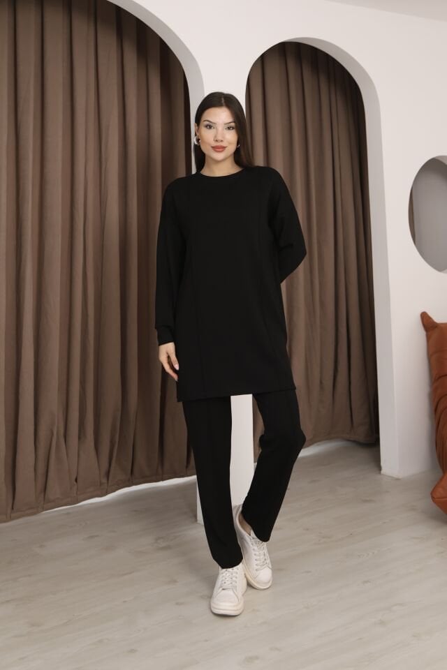 Siyah Tesettür Tunik Ve Pantolon Çima Dikişli Bayan Şık İkili Takım