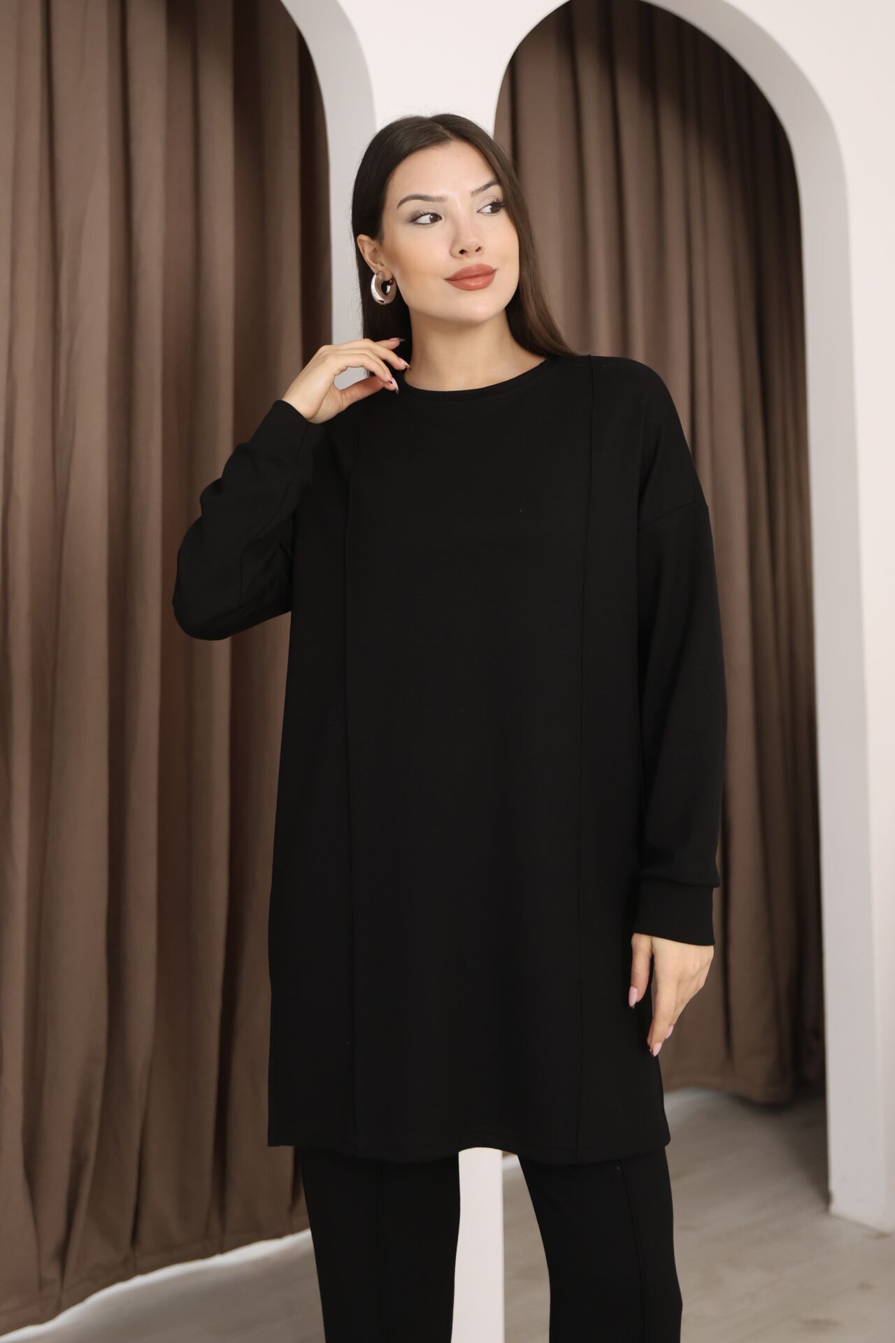 Siyah Tesettür Tunik Ve Pantolon Çima Dikişli Bayan Şık İkili Takım