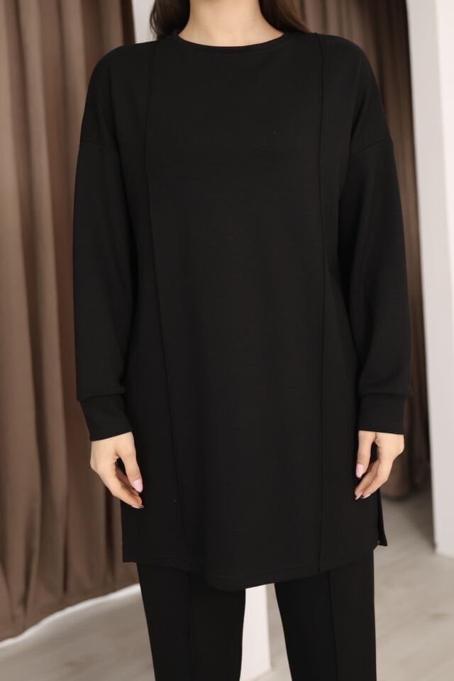 Siyah Tesettür Tunik Ve Pantolon Çima Dikişli Bayan Şık İkili Takım