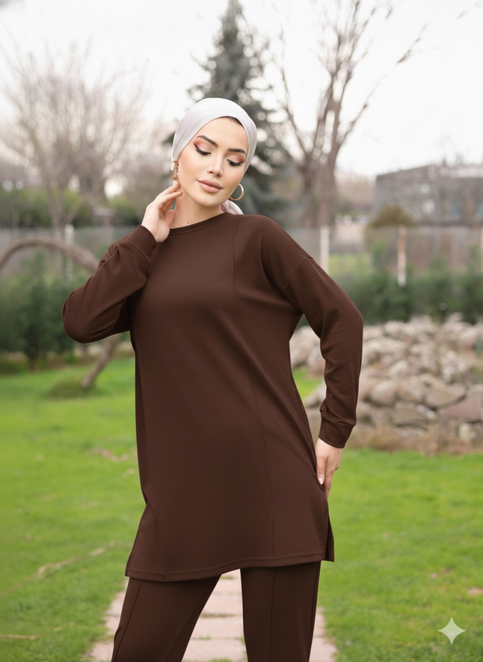 Kahverengi Tesettür Tunik Ve Pantolon Çima Dikişli Bayan Şık İkili Takım