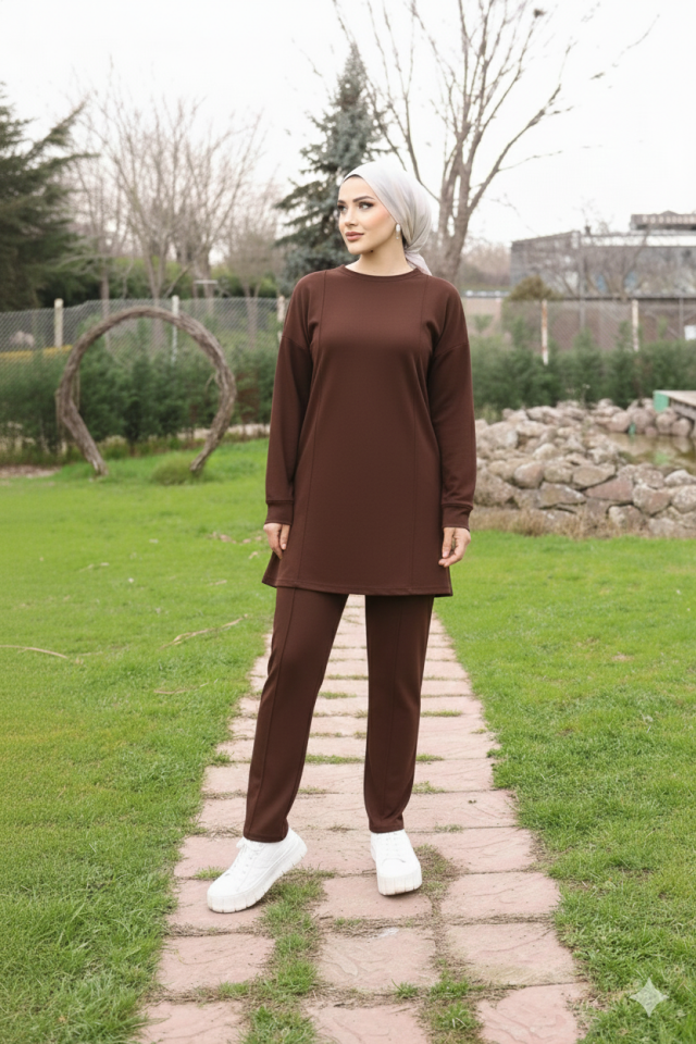 Kahverengi Tesettür Tunik Ve Pantolon Çima Dikişli Bayan Şık İkili Takım