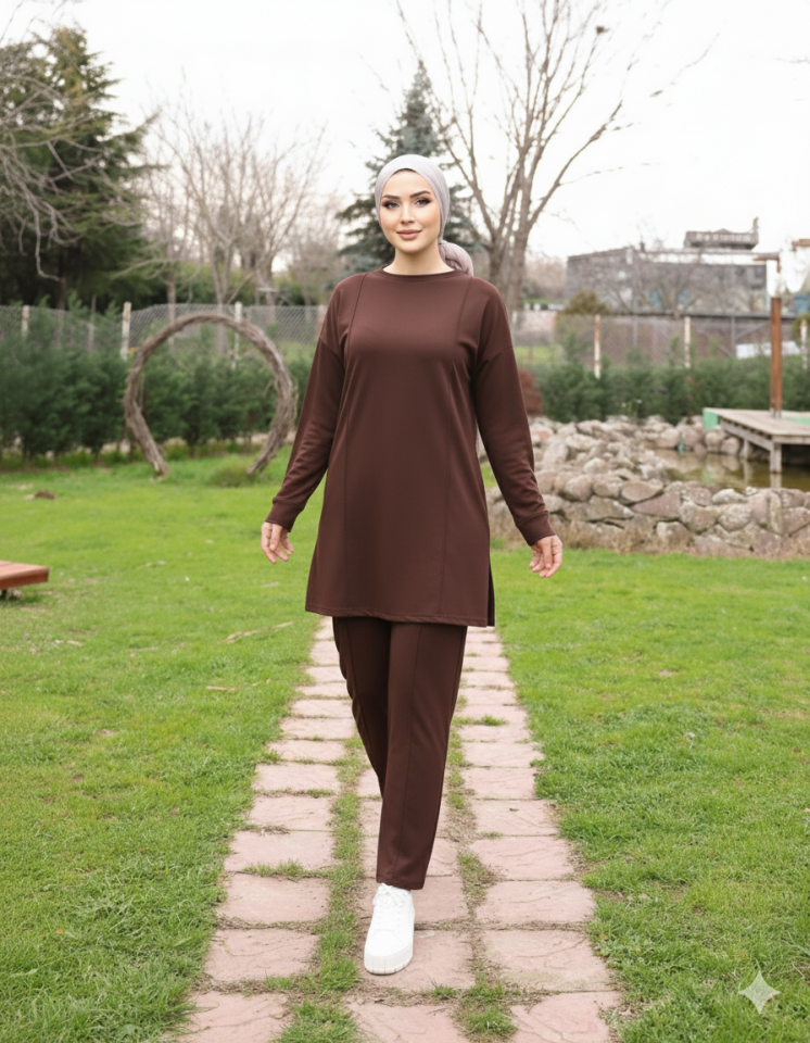 Kahverengi Tesettür Tunik Ve Pantolon Çima Dikişli Bayan Şık İkili Takım