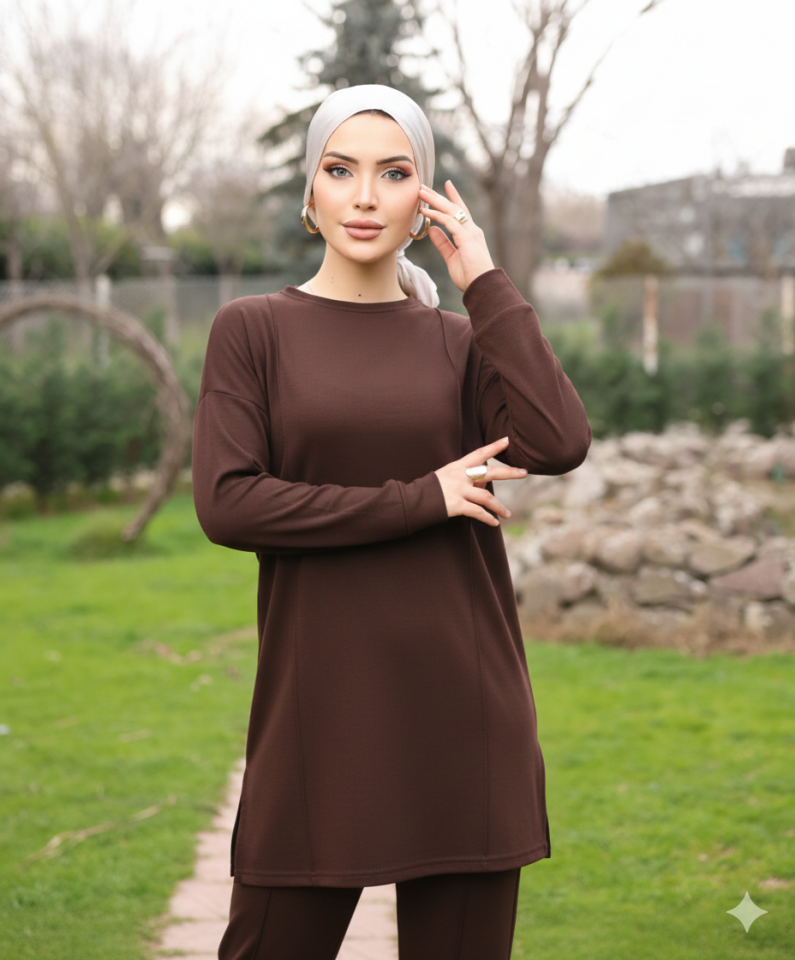 Kahverengi Tesettür Tunik Ve Pantolon Çima Dikişli Bayan Şık İkili Takım