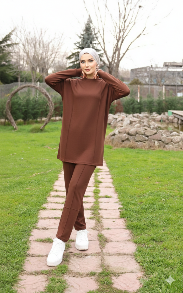 Kahverengi Tesettür Tunik Ve Pantolon Çima Dikişli Bayan Şık İkili Takım