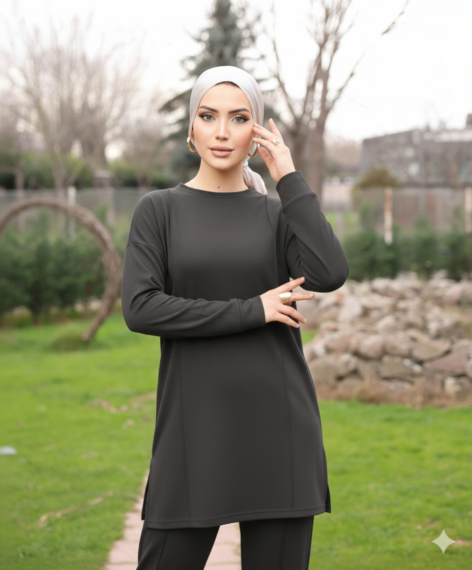 Füme  Tesettür Tunik Ve Pantolon Çima Dikişli Bayan Şık İkili Takım