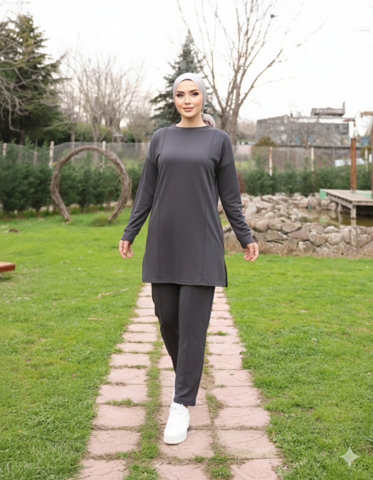Füme  Tesettür Tunik Ve Pantolon Çima Dikişli Bayan İkili Takım