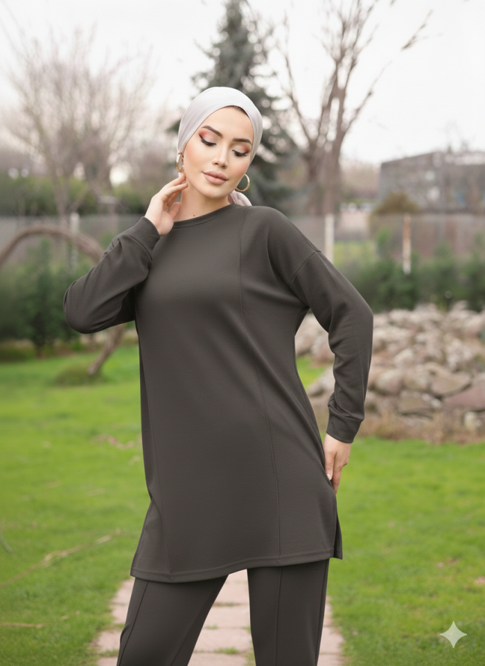 Füme  Tesettür Tunik Ve Pantolon Çima Dikişli Bayan Şık İkili Takım