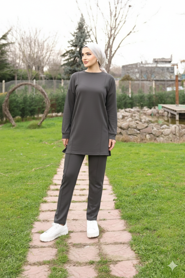 Füme  Tesettür Tunik Ve Pantolon Çima Dikişli Bayan Şık İkili Takım