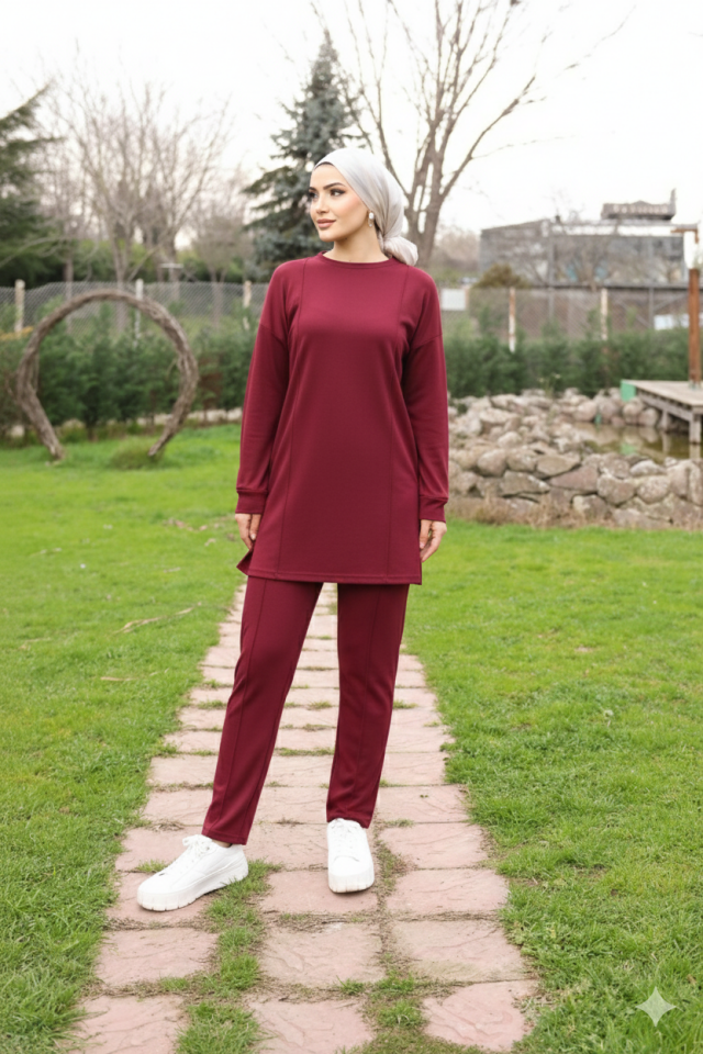 Bordo Tesettür Tunik Ve Pantolon Çima Dikişli Bayan İkili Takım