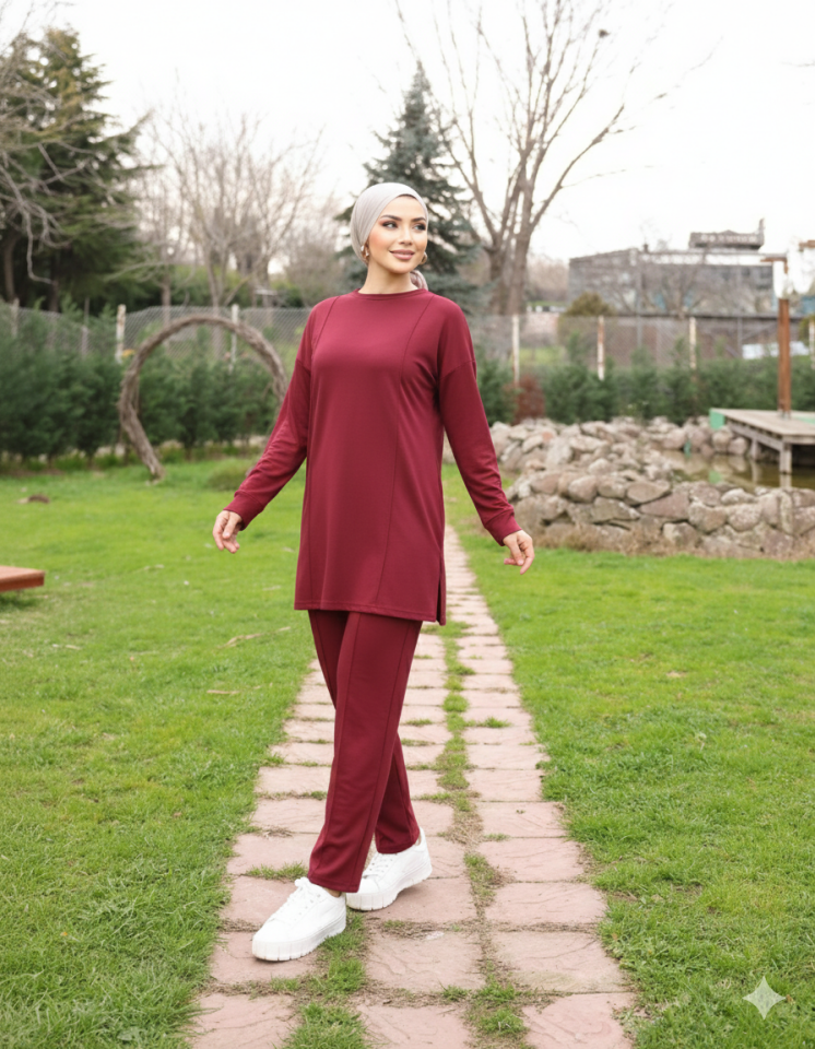 Bordo Tesettür Tunik Ve Pantolon Çima Dikişli Bayan Şık İkili Takım