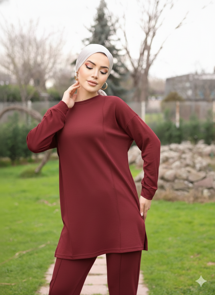 Bordo Tesettür Tunik Ve Pantolon Çima Dikişli Bayan Şık İkili Takım
