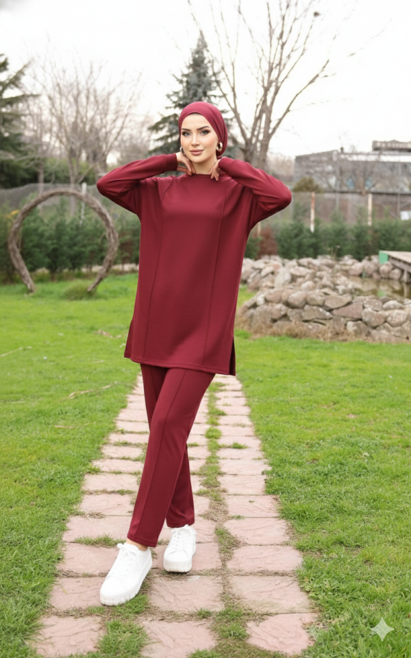 Bordo Tesettür Tunik Ve Pantolon Çima Dikişli Bayan Şık İkili Takım