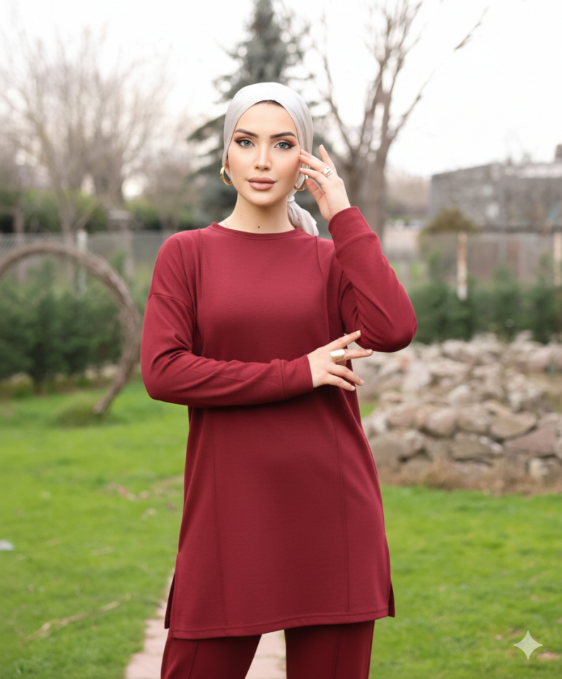 Bordo Tesettür Tunik Ve Pantolon Çima Dikişli Bayan Şık İkili Takım