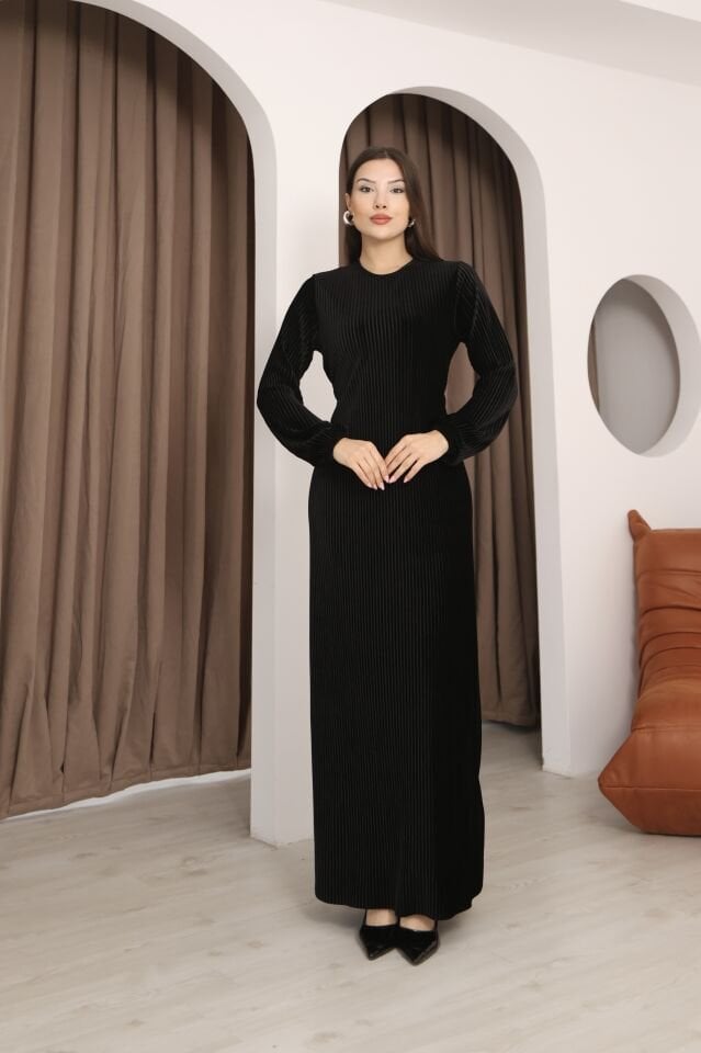 Hfalcon Siyah Multi Pilise Uzun Kollu Bisiklet Yaka Bağcık Detaylı Rahat Elbise