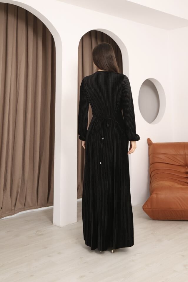 Hfalcon Siyah Multi Pilise Uzun Kollu Bisiklet Yaka Bağcık Detaylı Rahat Elbise