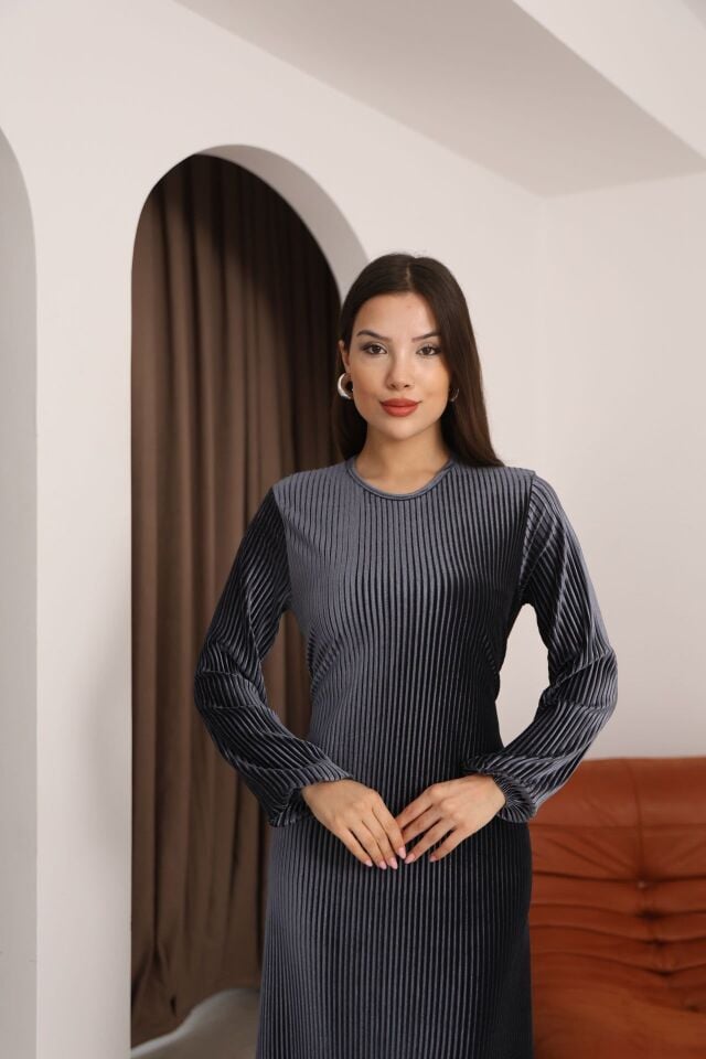 Hfalcon Gri Multi Pilise Uzun Kollu Bisiklet Yaka Bağcık Detaylı Rahat Elbise