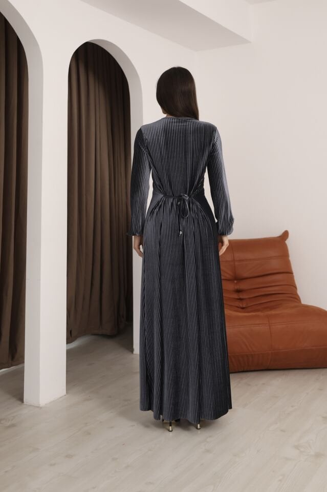 Hfalcon Gri Multi Pilise Uzun Kollu Bisiklet Yaka Bağcık Detaylı Rahat Elbise