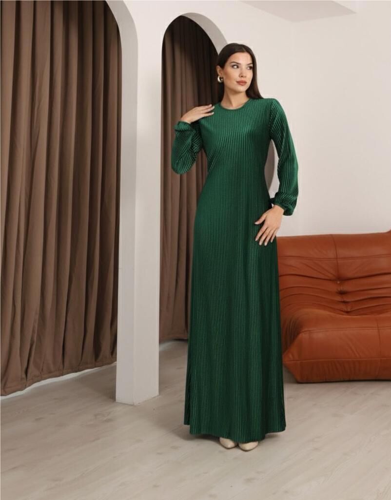 Zümrüt Yeşili Multi Plise Uzun Kollu Bisiklet Yaka Bağcık Detaylı Rahat Elbise